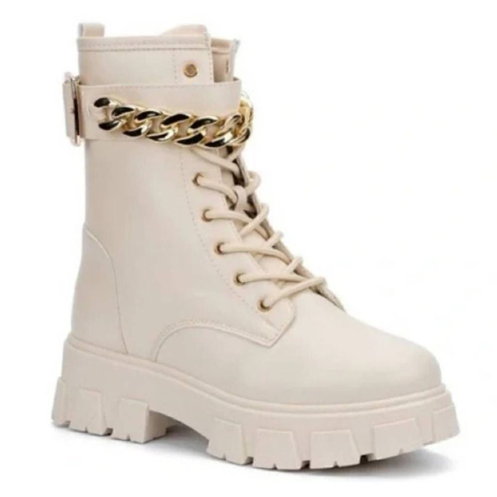 Olivia Miller Womens Ava Combat Boots Beige Vegan Straps Chain Ankle Zip 9 New - Picture 3 of 9